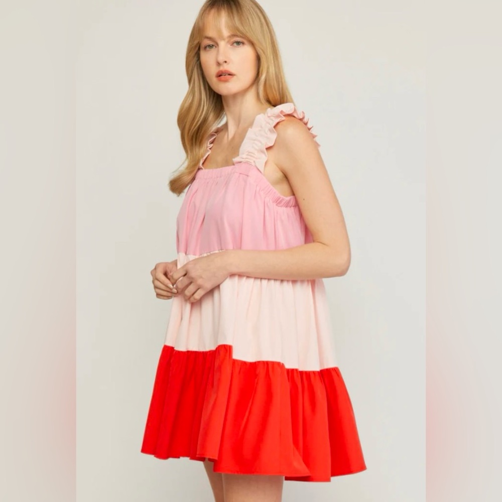Entro Color Block Tiered Babydoll Mini Dress Pink Red - Picture 3 of 10